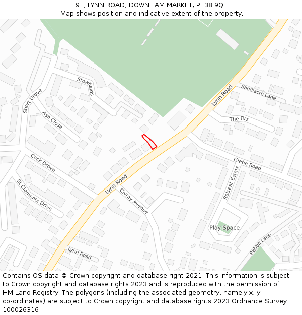 91, LYNN ROAD, DOWNHAM MARKET, PE38 9QE: Location map and indicative extent of plot