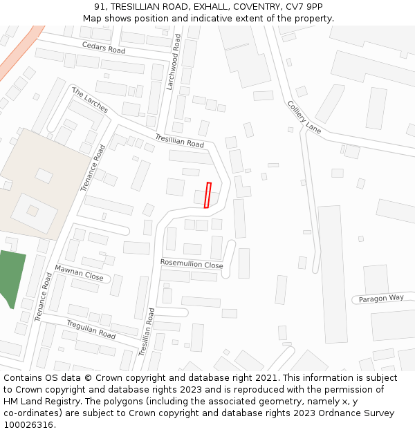 91, TRESILLIAN ROAD, EXHALL, COVENTRY, CV7 9PP: Location map and indicative extent of plot