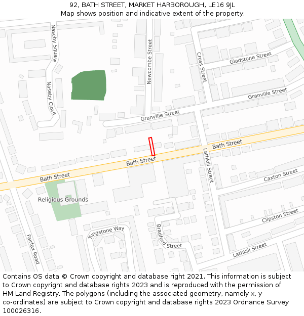 92, BATH STREET, MARKET HARBOROUGH, LE16 9JL: Location map and indicative extent of plot