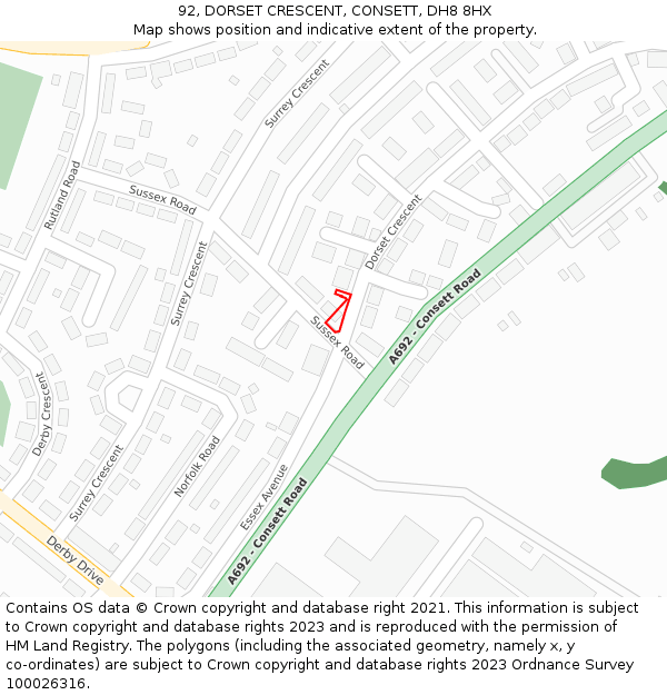 92, DORSET CRESCENT, CONSETT, DH8 8HX: Location map and indicative extent of plot