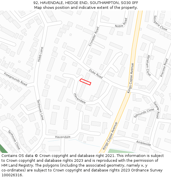 92, HAVENDALE, HEDGE END, SOUTHAMPTON, SO30 0FF: Location map and indicative extent of plot