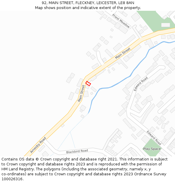 92, MAIN STREET, FLECKNEY, LEICESTER, LE8 8AN: Location map and indicative extent of plot