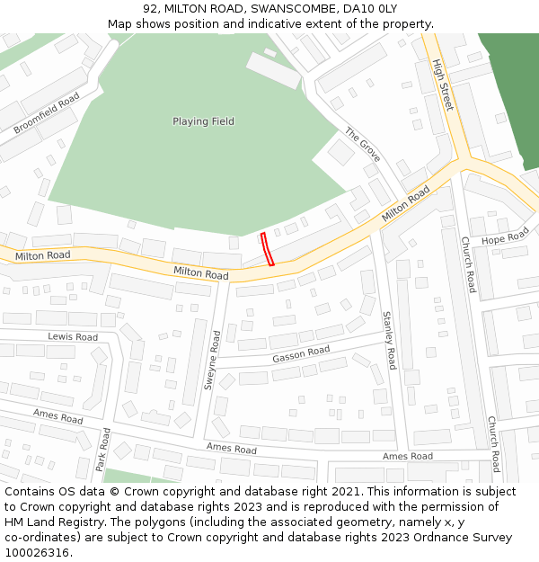 92, MILTON ROAD, SWANSCOMBE, DA10 0LY: Location map and indicative extent of plot
