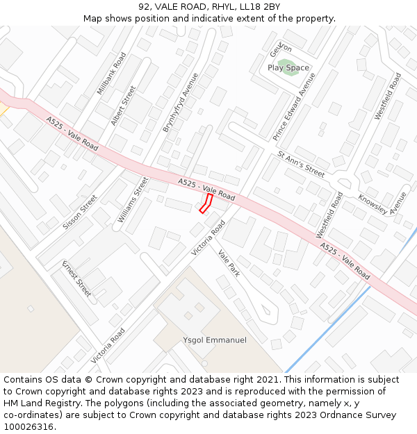 92, VALE ROAD, RHYL, LL18 2BY: Location map and indicative extent of plot