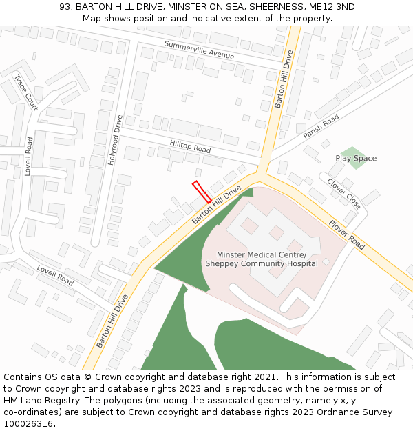 93, BARTON HILL DRIVE, MINSTER ON SEA, SHEERNESS, ME12 3ND: Location map and indicative extent of plot