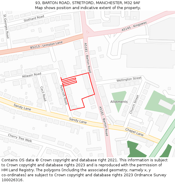 93, BARTON ROAD, STRETFORD, MANCHESTER, M32 9AF: Location map and indicative extent of plot