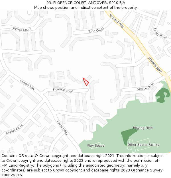 93, FLORENCE COURT, ANDOVER, SP10 5JA: Location map and indicative extent of plot