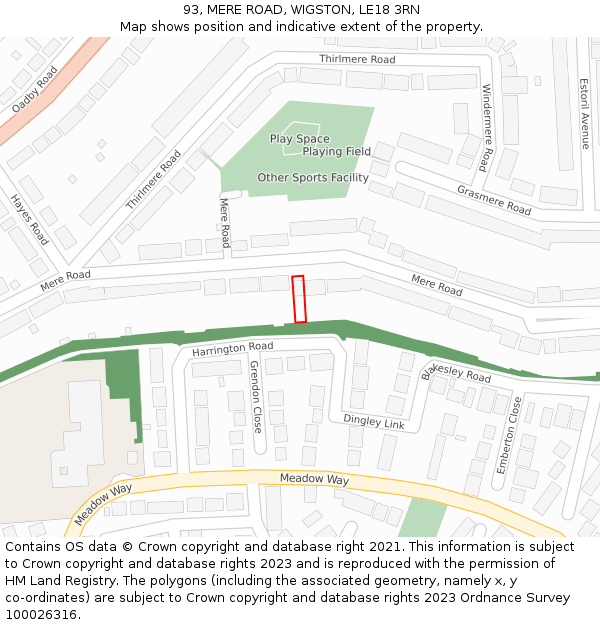 93, MERE ROAD, WIGSTON, LE18 3RN: Location map and indicative extent of plot