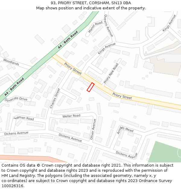 93, PRIORY STREET, CORSHAM, SN13 0BA: Location map and indicative extent of plot