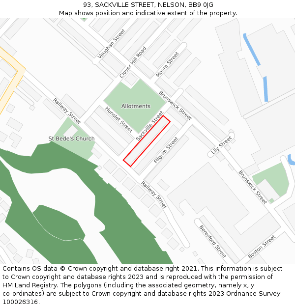93, SACKVILLE STREET, NELSON, BB9 0JG: Location map and indicative extent of plot
