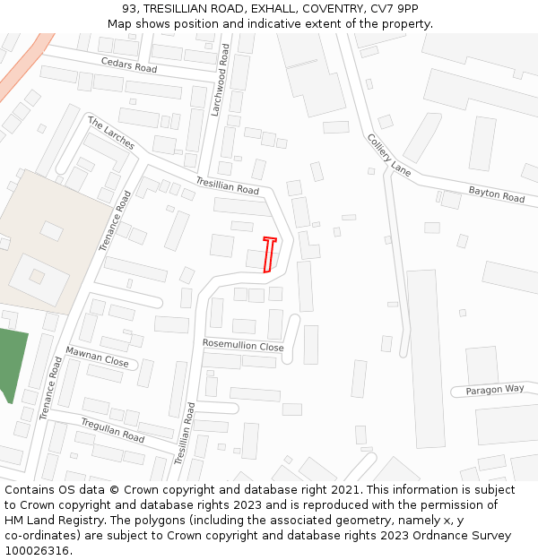 93, TRESILLIAN ROAD, EXHALL, COVENTRY, CV7 9PP: Location map and indicative extent of plot