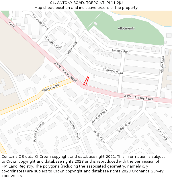94, ANTONY ROAD, TORPOINT, PL11 2JU: Location map and indicative extent of plot