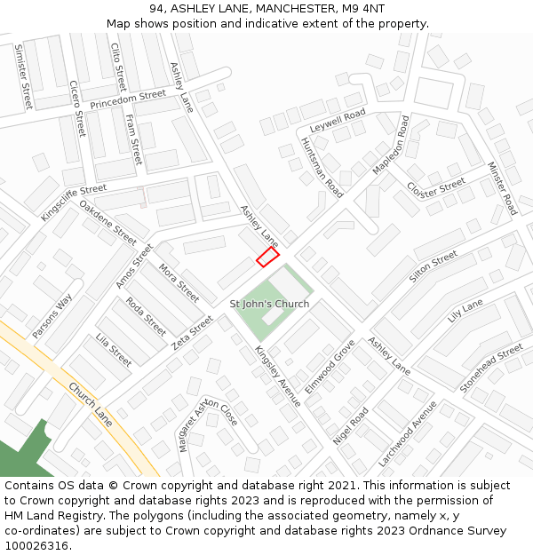 94, ASHLEY LANE, MANCHESTER, M9 4NT: Location map and indicative extent of plot