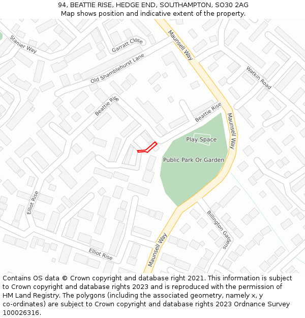 94, BEATTIE RISE, HEDGE END, SOUTHAMPTON, SO30 2AG: Location map and indicative extent of plot