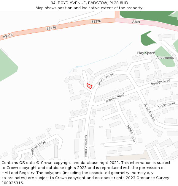 94, BOYD AVENUE, PADSTOW, PL28 8HD: Location map and indicative extent of plot