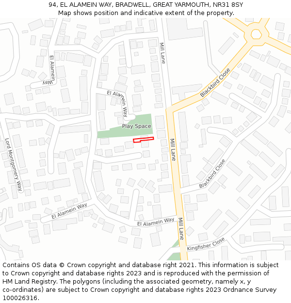 94, EL ALAMEIN WAY, BRADWELL, GREAT YARMOUTH, NR31 8SY: Location map and indicative extent of plot