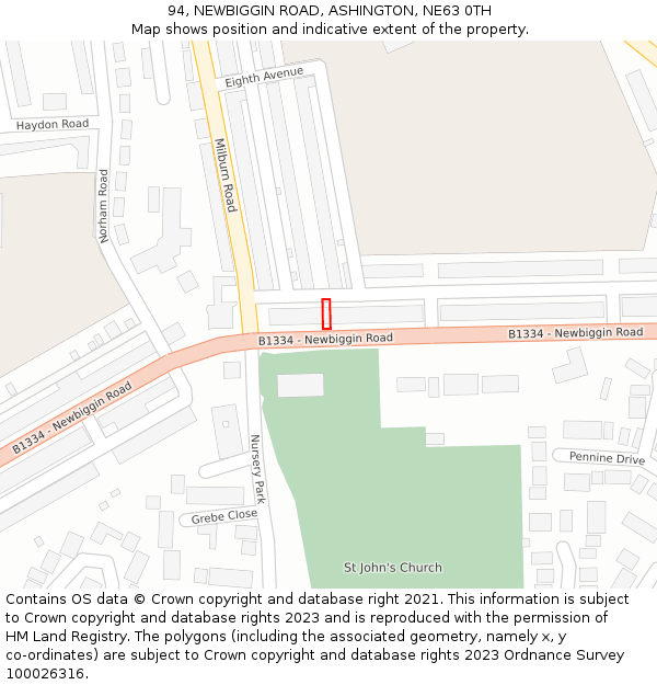 94, NEWBIGGIN ROAD, ASHINGTON, NE63 0TH: Location map and indicative extent of plot