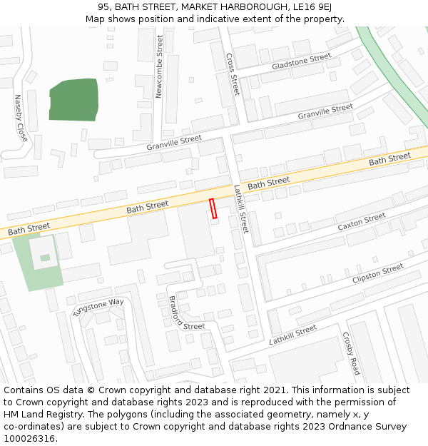 95, BATH STREET, MARKET HARBOROUGH, LE16 9EJ: Location map and indicative extent of plot
