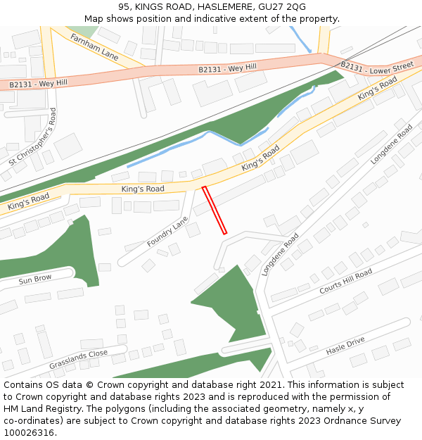 95, KINGS ROAD, HASLEMERE, GU27 2QG: Location map and indicative extent of plot