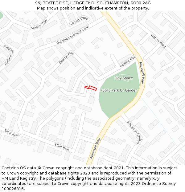 96, BEATTIE RISE, HEDGE END, SOUTHAMPTON, SO30 2AG: Location map and indicative extent of plot