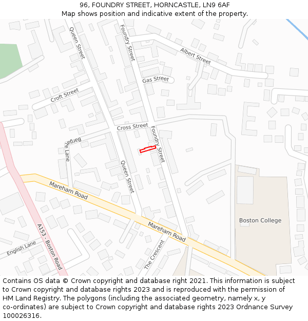 96, FOUNDRY STREET, HORNCASTLE, LN9 6AF: Location map and indicative extent of plot