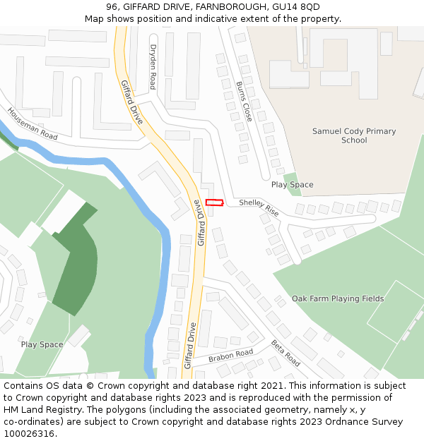 96, GIFFARD DRIVE, FARNBOROUGH, GU14 8QD: Location map and indicative extent of plot