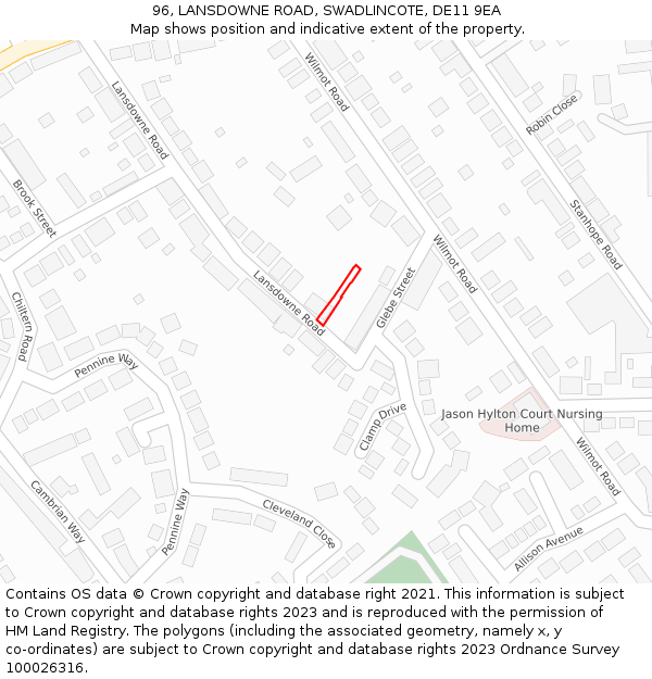 96, LANSDOWNE ROAD, SWADLINCOTE, DE11 9EA: Location map and indicative extent of plot