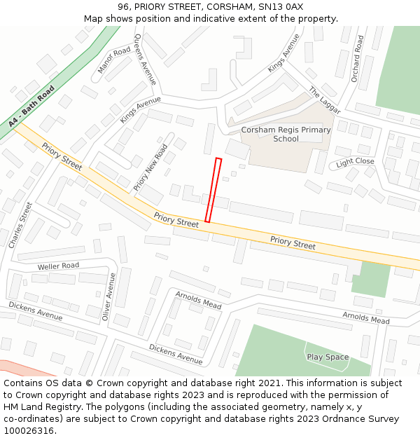 96, PRIORY STREET, CORSHAM, SN13 0AX: Location map and indicative extent of plot