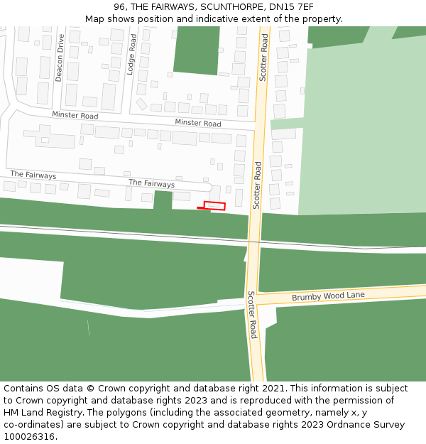 96, THE FAIRWAYS, SCUNTHORPE, DN15 7EF: Location map and indicative extent of plot