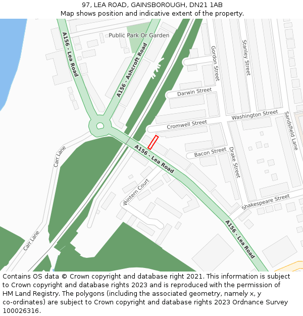97, LEA ROAD, GAINSBOROUGH, DN21 1AB: Location map and indicative extent of plot