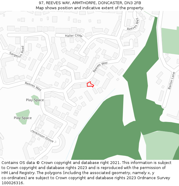 97, REEVES WAY, ARMTHORPE, DONCASTER, DN3 2FB: Location map and indicative extent of plot