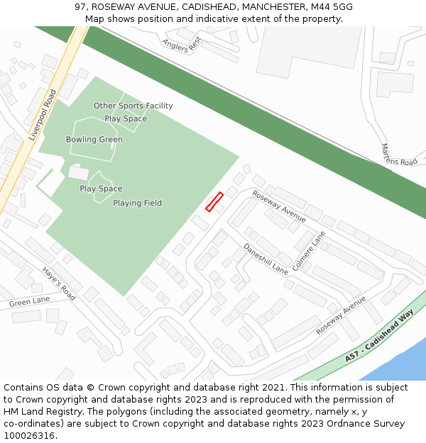 97, ROSEWAY AVENUE, CADISHEAD, MANCHESTER, M44 5GG: Location map and indicative extent of plot