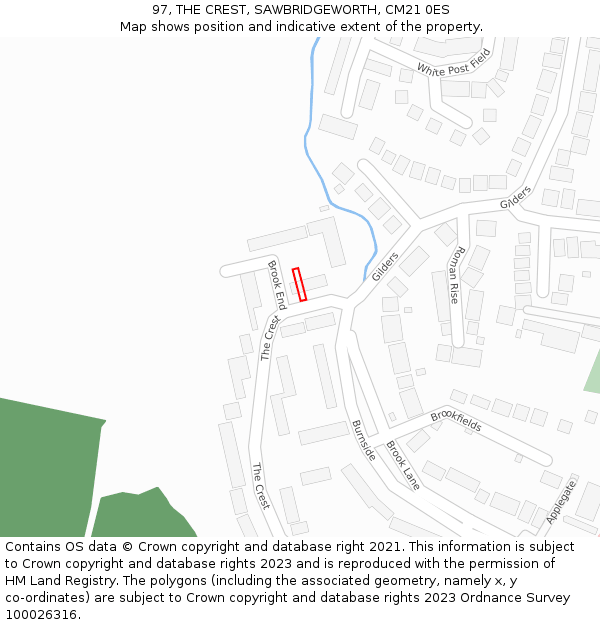 97, THE CREST, SAWBRIDGEWORTH, CM21 0ES: Location map and indicative extent of plot