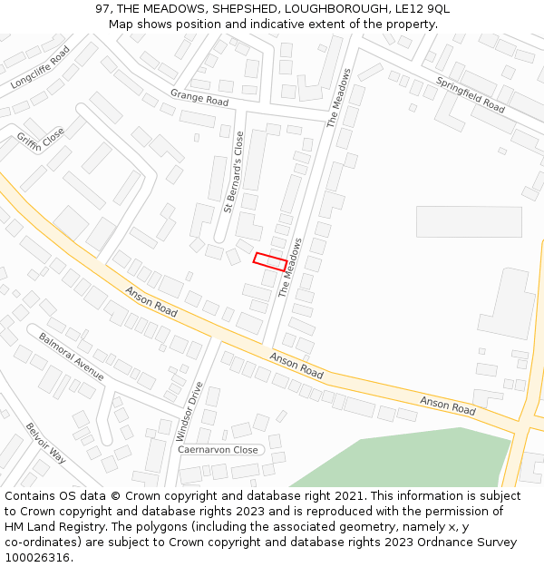 97, THE MEADOWS, SHEPSHED, LOUGHBOROUGH, LE12 9QL: Location map and indicative extent of plot