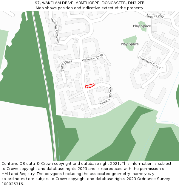 97, WAKELAM DRIVE, ARMTHORPE, DONCASTER, DN3 2FR: Location map and indicative extent of plot
