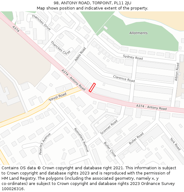 98, ANTONY ROAD, TORPOINT, PL11 2JU: Location map and indicative extent of plot