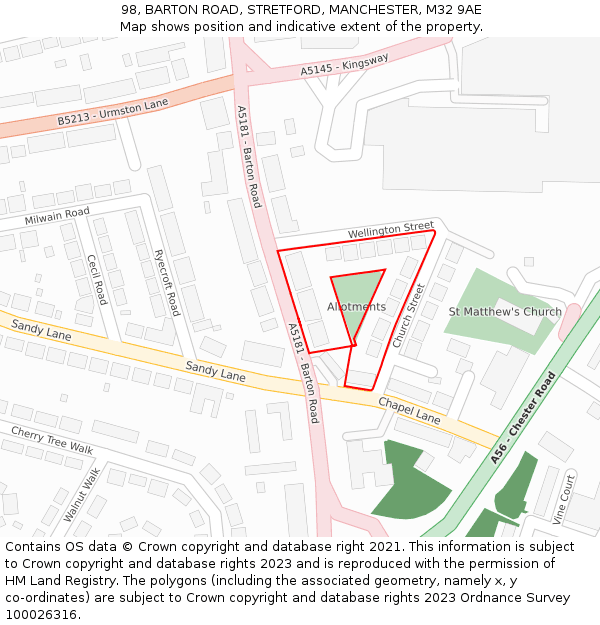 98, BARTON ROAD, STRETFORD, MANCHESTER, M32 9AE: Location map and indicative extent of plot