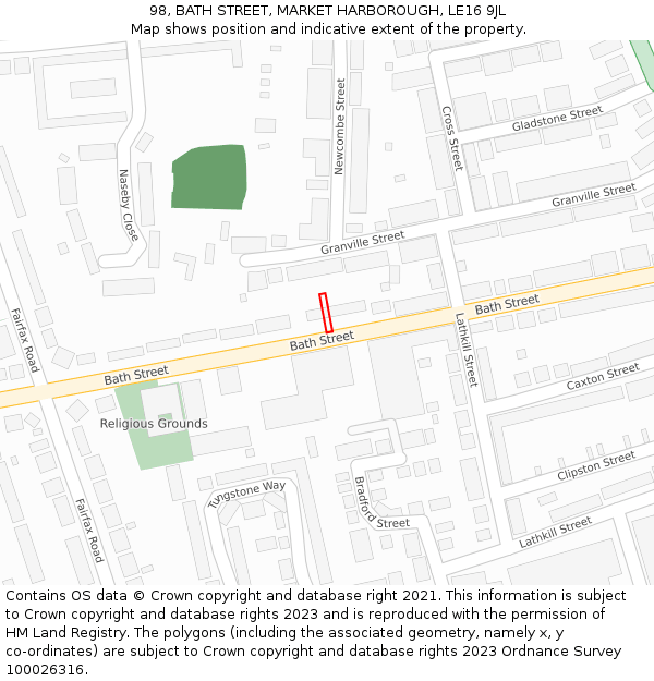 98, BATH STREET, MARKET HARBOROUGH, LE16 9JL: Location map and indicative extent of plot