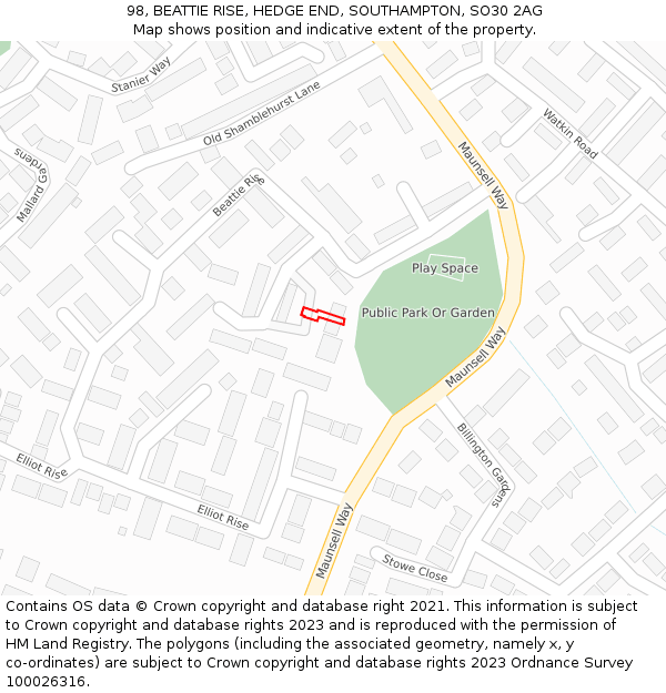 98, BEATTIE RISE, HEDGE END, SOUTHAMPTON, SO30 2AG: Location map and indicative extent of plot