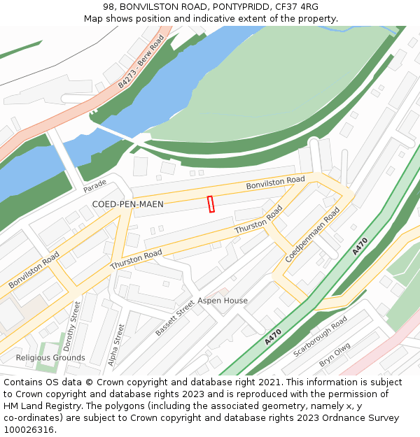 98, BONVILSTON ROAD, PONTYPRIDD, CF37 4RG: Location map and indicative extent of plot
