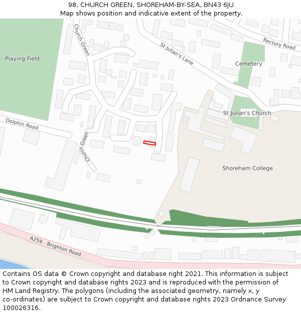 98, CHURCH GREEN, SHOREHAM-BY-SEA, BN43 6JU: Location map and indicative extent of plot