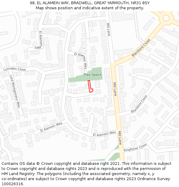 98, EL ALAMEIN WAY, BRADWELL, GREAT YARMOUTH, NR31 8SY: Location map and indicative extent of plot