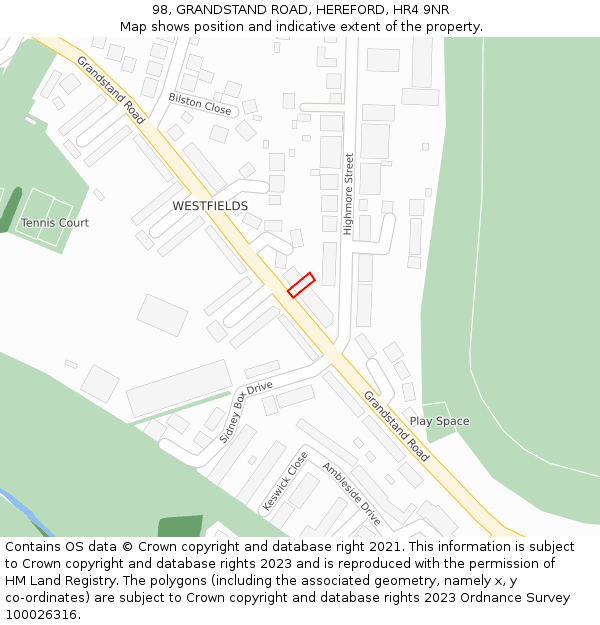 98, GRANDSTAND ROAD, HEREFORD, HR4 9NR: Location map and indicative extent of plot