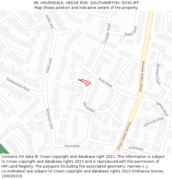 98, HAVENDALE, HEDGE END, SOUTHAMPTON, SO30 0FF: Location map and indicative extent of plot