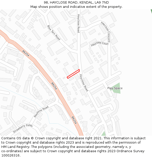 98, HAYCLOSE ROAD, KENDAL, LA9 7ND: Location map and indicative extent of plot