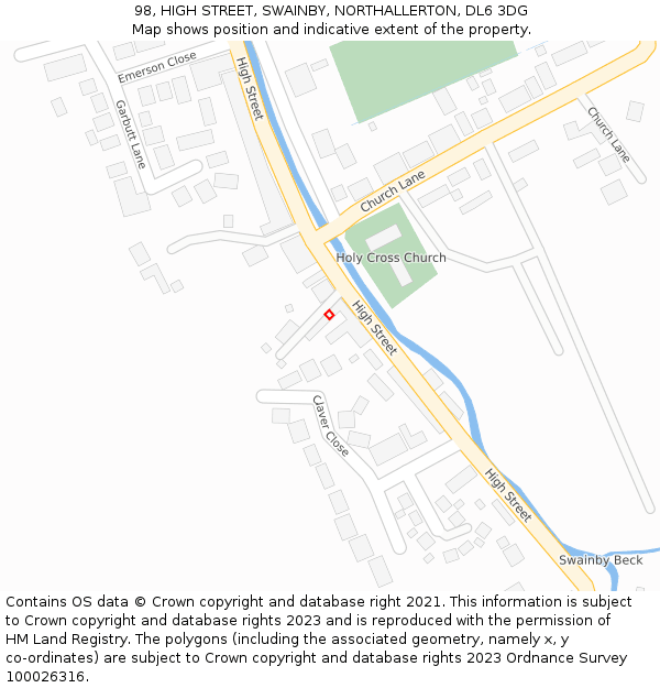 98, HIGH STREET, SWAINBY, NORTHALLERTON, DL6 3DG: Location map and indicative extent of plot