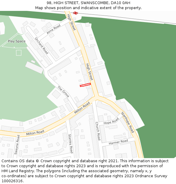 98, HIGH STREET, SWANSCOMBE, DA10 0AH: Location map and indicative extent of plot