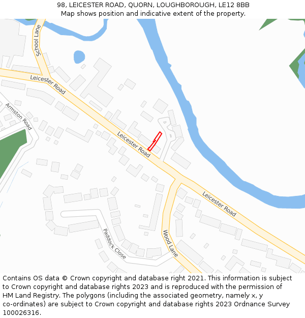 98, LEICESTER ROAD, QUORN, LOUGHBOROUGH, LE12 8BB: Location map and indicative extent of plot