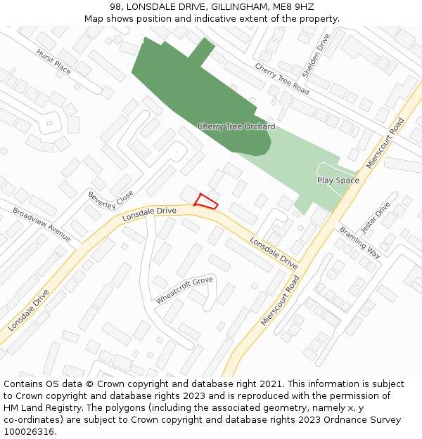 98, LONSDALE DRIVE, GILLINGHAM, ME8 9HZ: Location map and indicative extent of plot