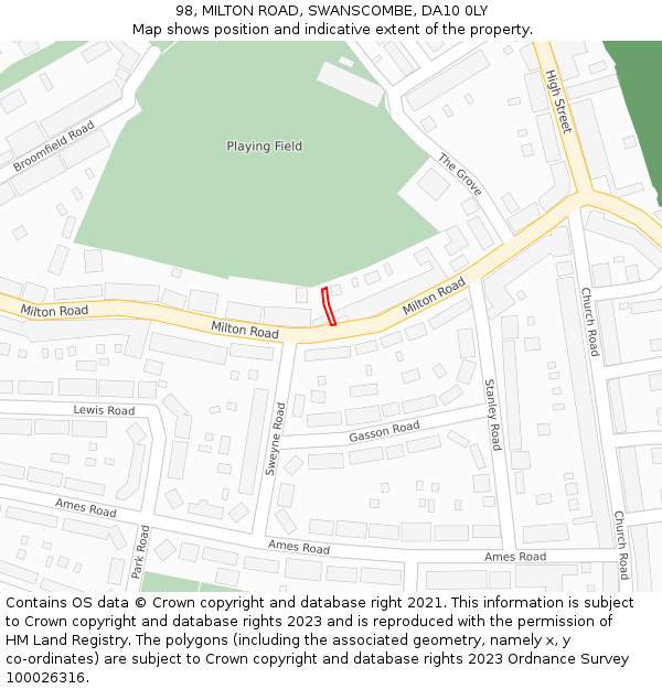 98, MILTON ROAD, SWANSCOMBE, DA10 0LY: Location map and indicative extent of plot